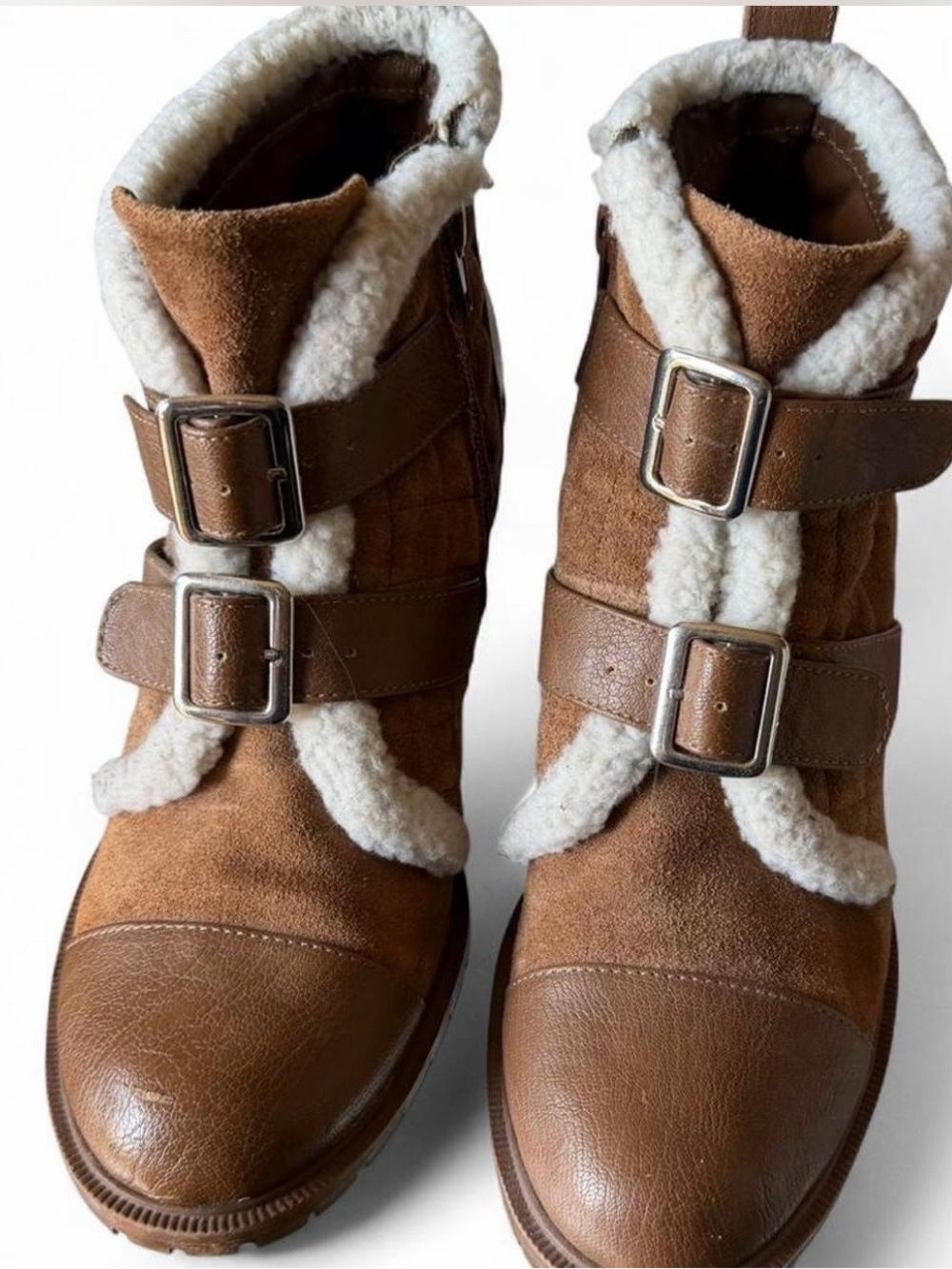Women's Brown Faux Shearling Buckle Boots
